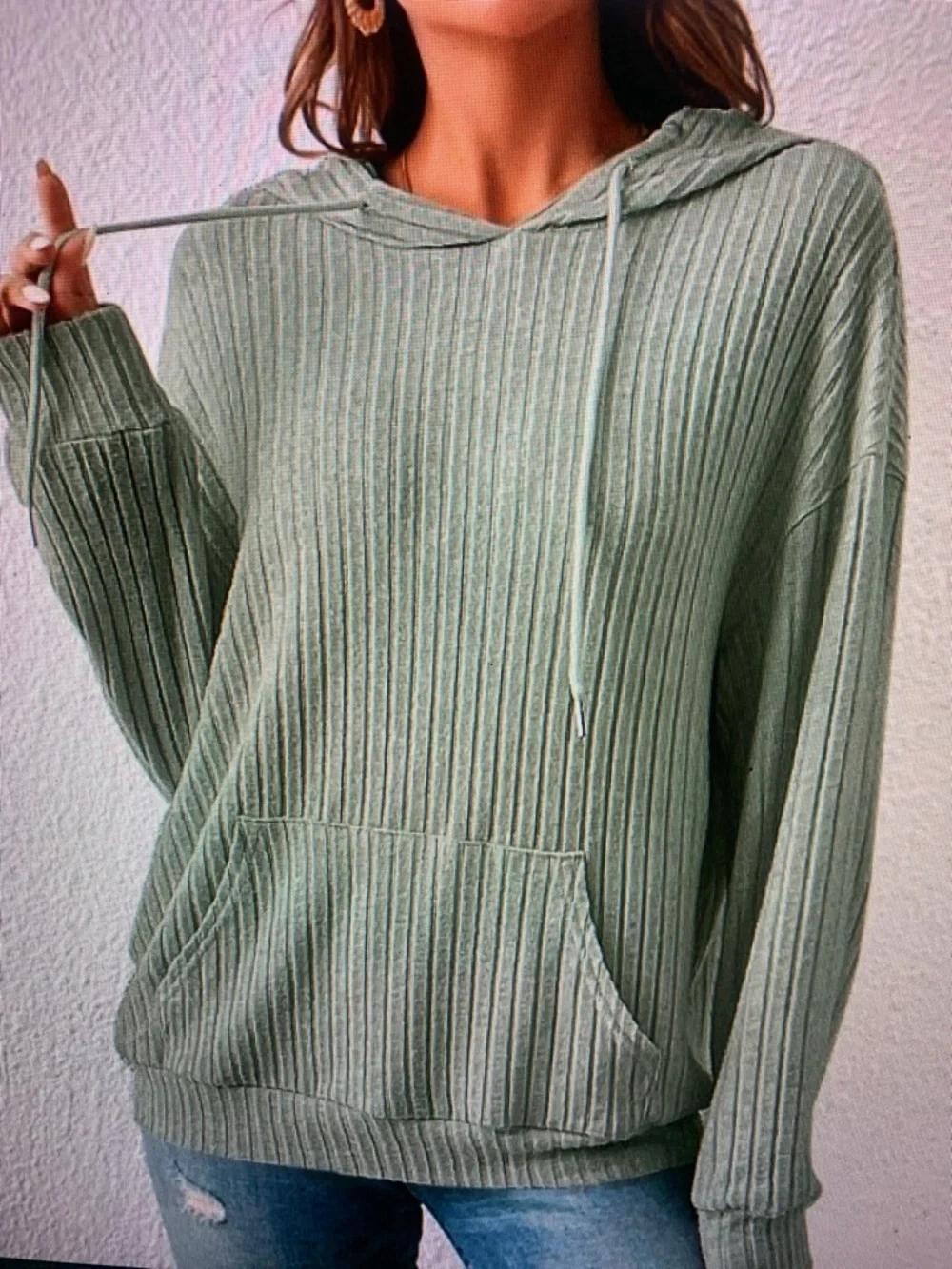 Ribbed Knit Hoodie in Sage Green - Picture 4 of 4
